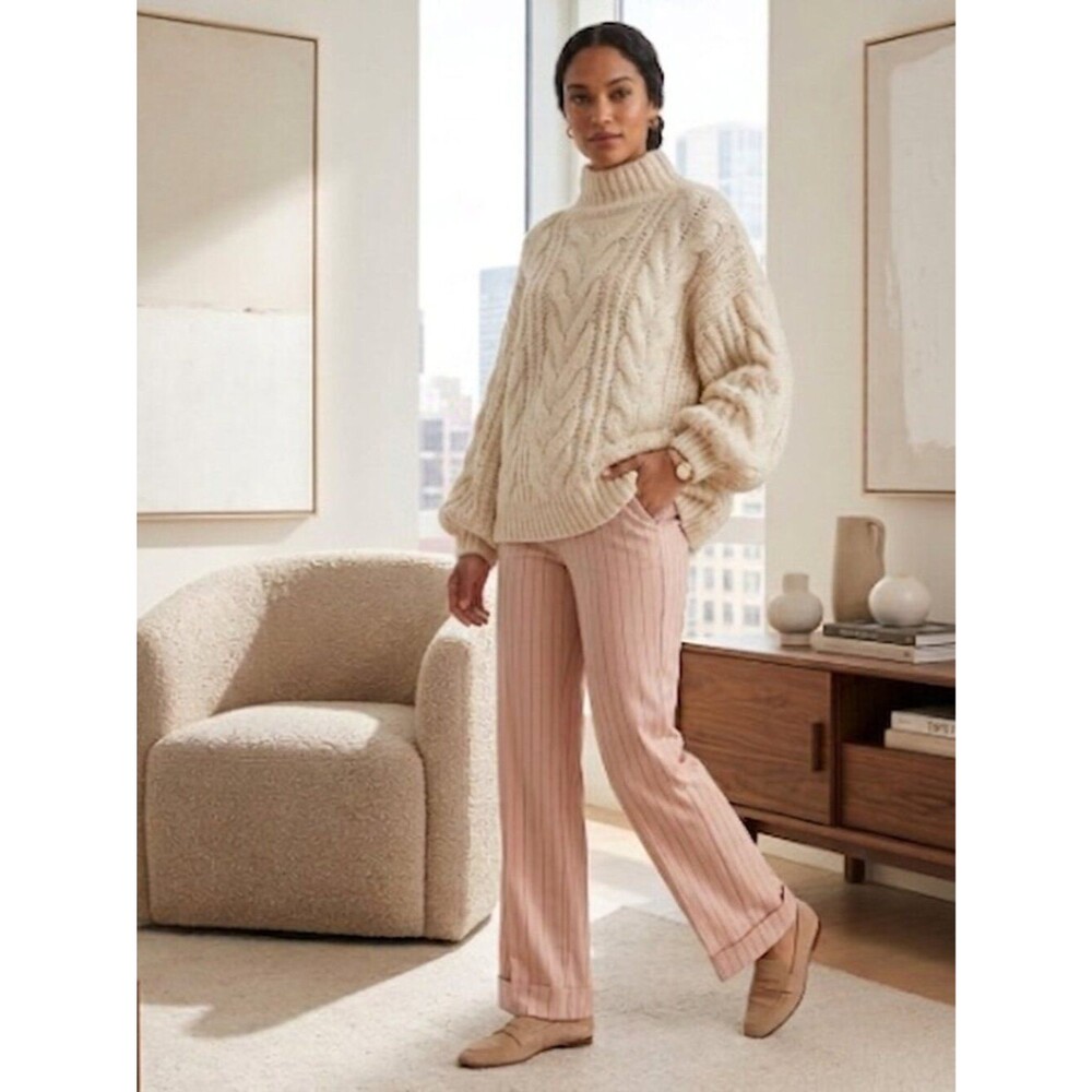 Anthropologie Elevenses Striped Pink Wide Leg Cuffed Low Rise Pants Size 12